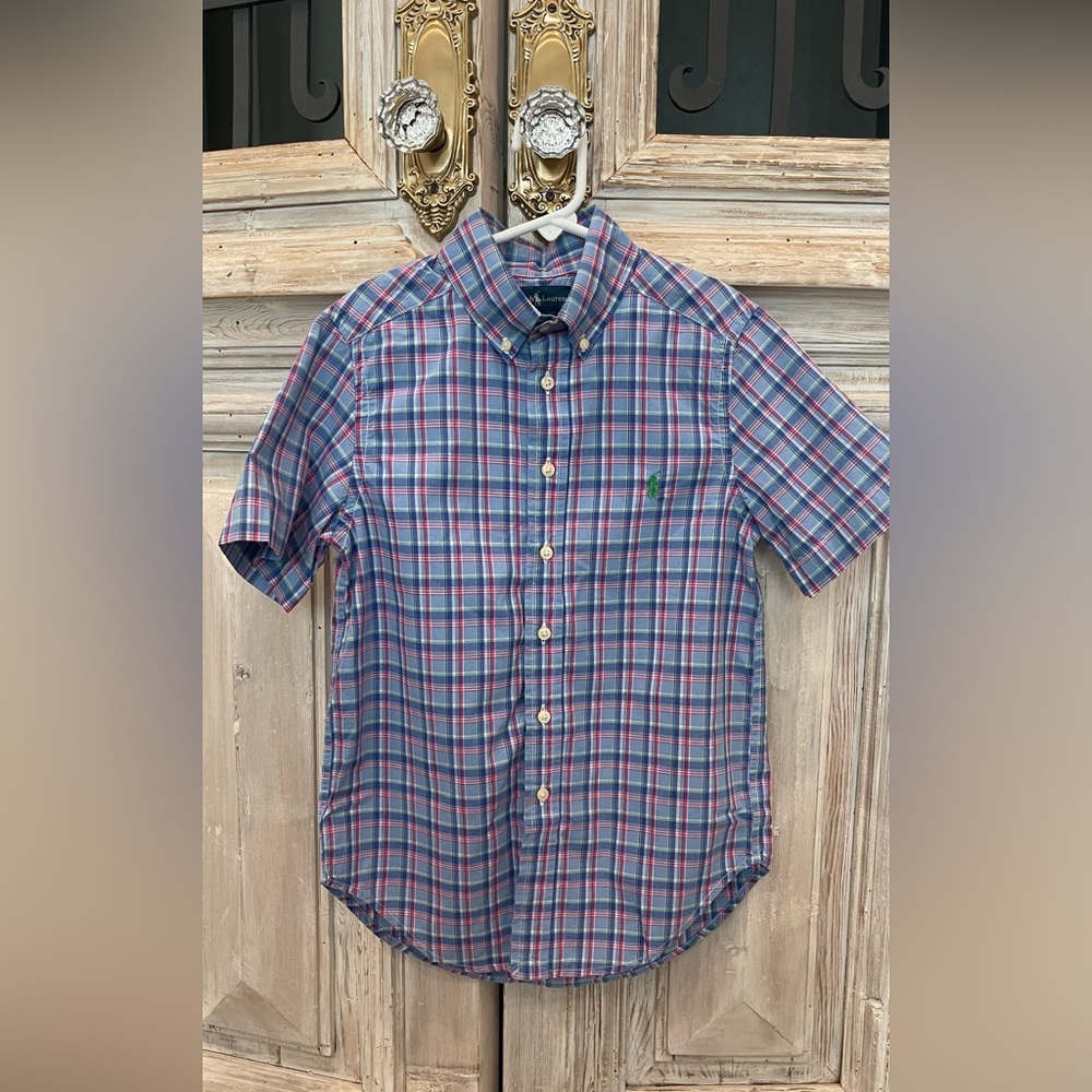Ralph Lauren 
Boys size 8
Light blue plaid with green horse button down